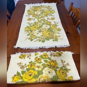 Set Of 2 Vintage Sears Usa Yellow Green Floral Fringe Full Size Bath Towel Set